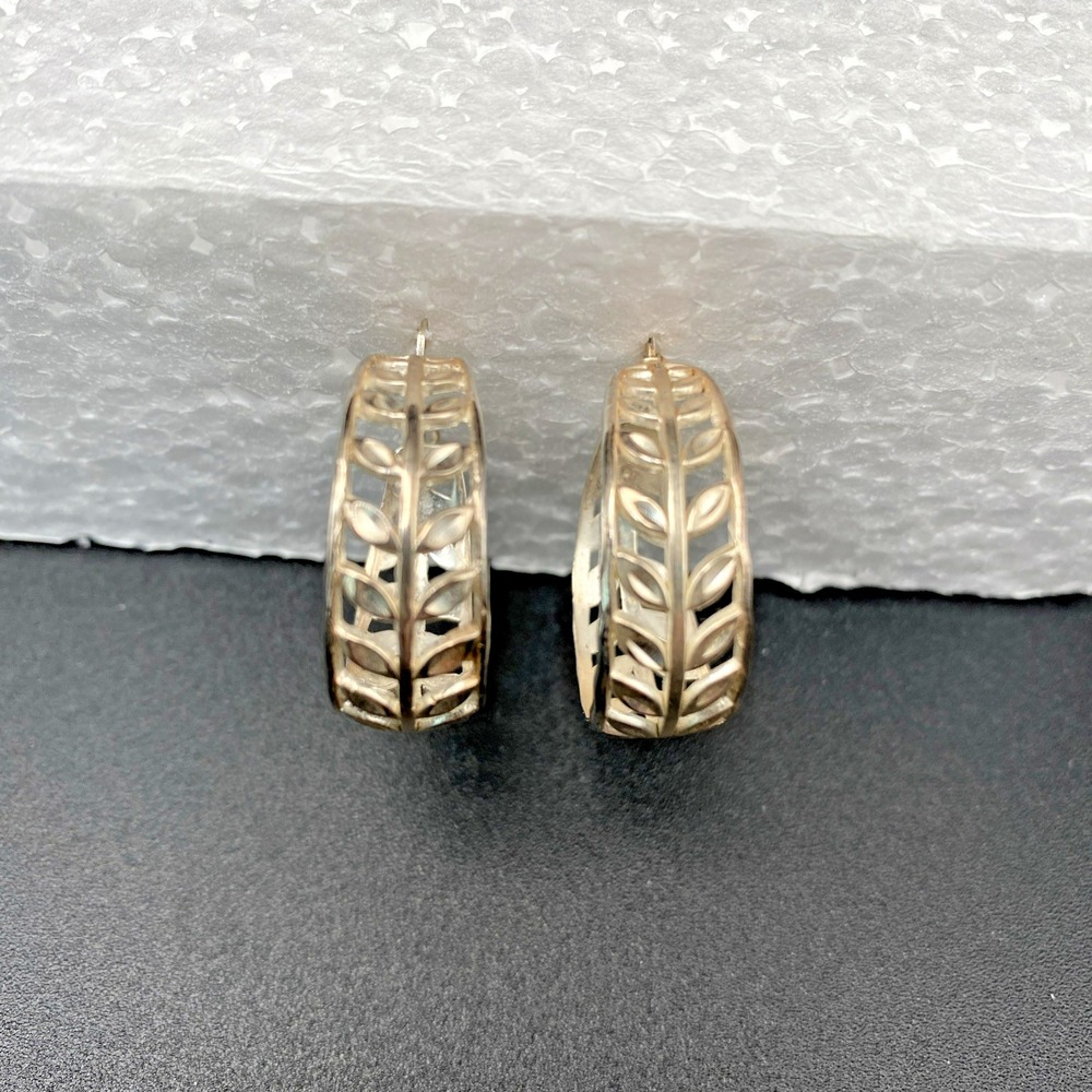 JCM Sterling Silver Hoop Earrings Vintage Leaf Vine Silver 1"